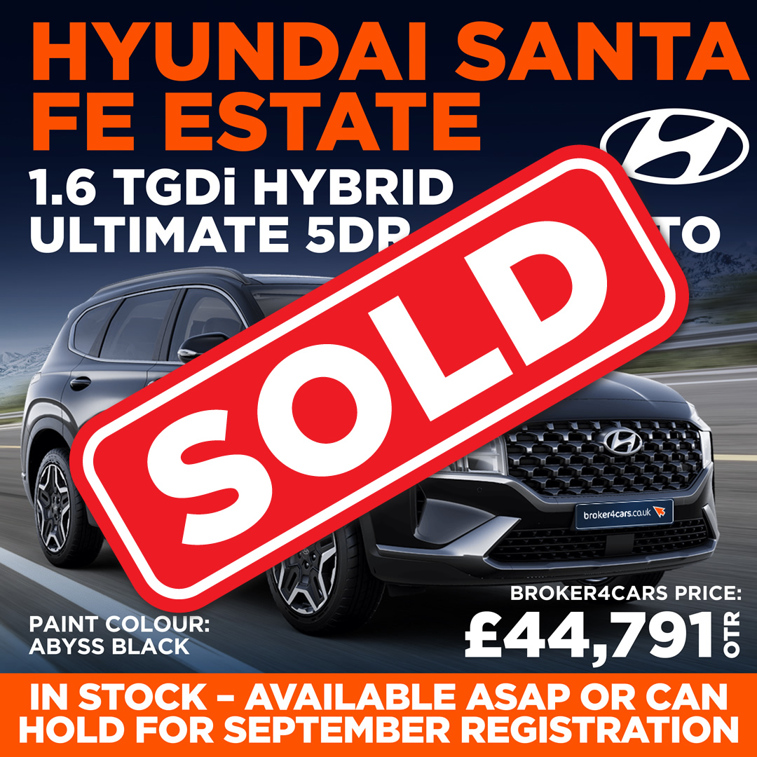 HYUNDAI SANTA FE ESTATE 1.6 TGDi Hybrid Ultimate 5dr 4WD Auto. Paint Colour: Abyss black. In stock – available ASAP or can hold for September registration. Broker4Cars Price £44,791 OTR